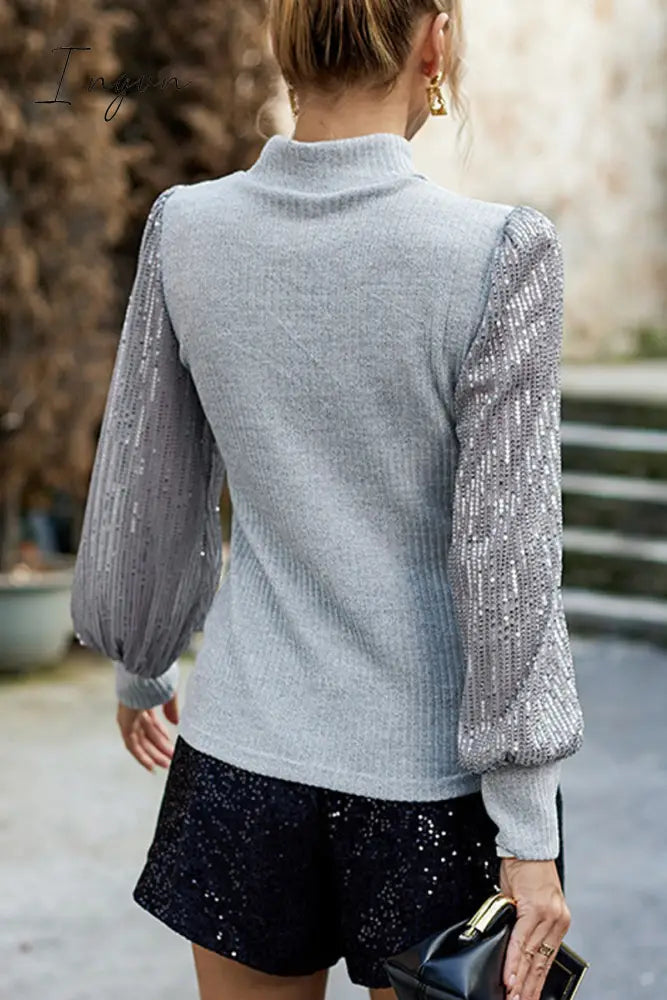 Ingvn - Elegant Solid Sequins Half A Turtleneck Tops