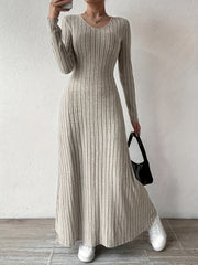 Long Sleeve Ankle Ribbed Crew Neck Sweater Dress for Fall & Winter, Elegant Women's Clothing