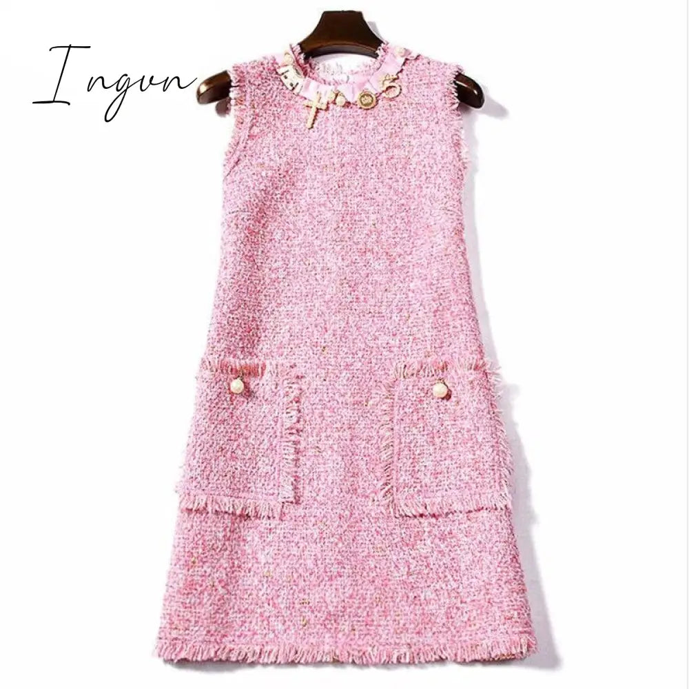 Ingvn - Trends 2023 high quality Brand Dress Sweet Diamonds Bead Pink Dress Robe Hiver Autumn Tweed Woolen Women Dress vestidos Robe Femme Jurken 2698