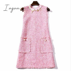 Ingvn - Trends 2023 high quality Brand Dress Sweet Diamonds Bead Pink Dress Robe Hiver Autumn Tweed Woolen Women Dress vestidos Robe Femme Jurken 2698