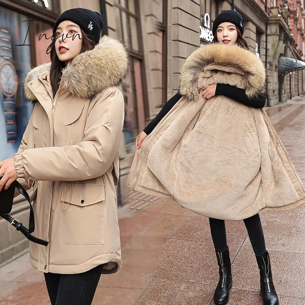Ingvn - New Cotton Thicken Warm Winter Jacket Coat Women Casual Parka Winter Clothes Fur Lining Hooded Parka Mujer Coats Jacket