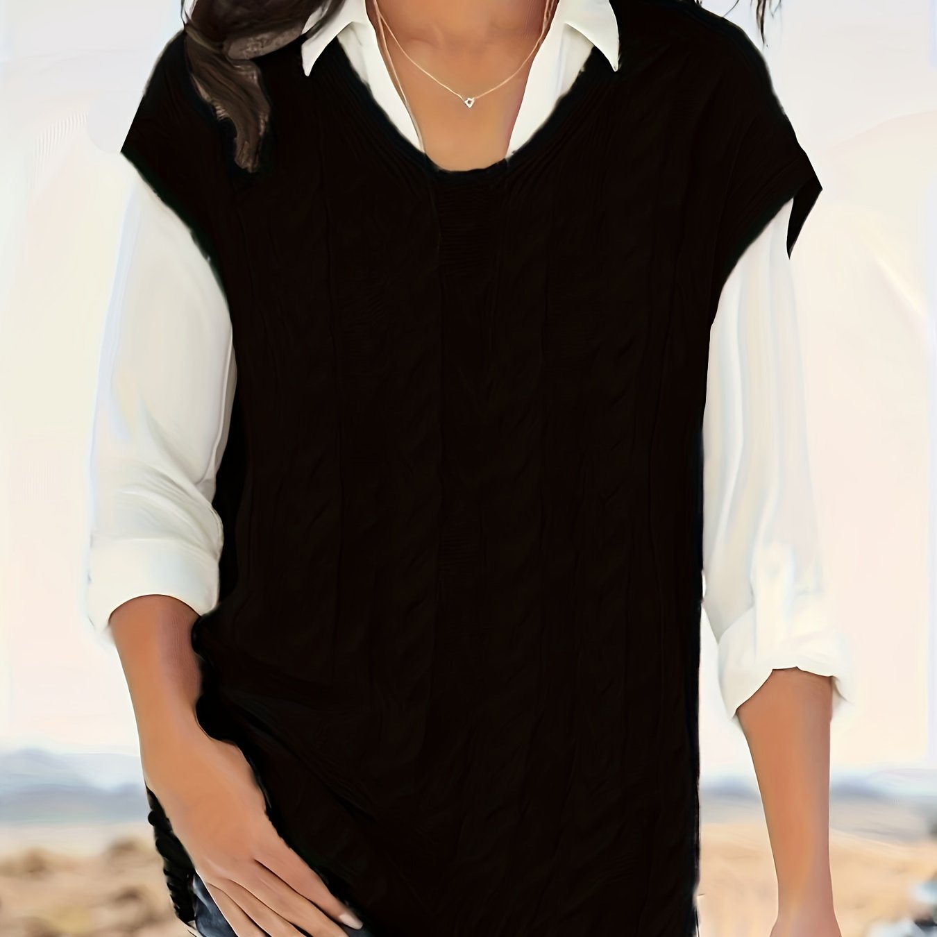 Women's All-Season Rib-Knit V-Neck Vest - Durable, Micro-Elastic & Versatile Casual Sweater