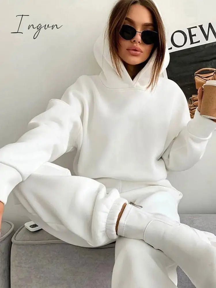 Ingvn - Fashion Casual Fleece Tracksuits Women Solid Warm 2 Piece Set Loose Hoodies And Sweatpants Suit Autumn Winter Sportswear Outfits
