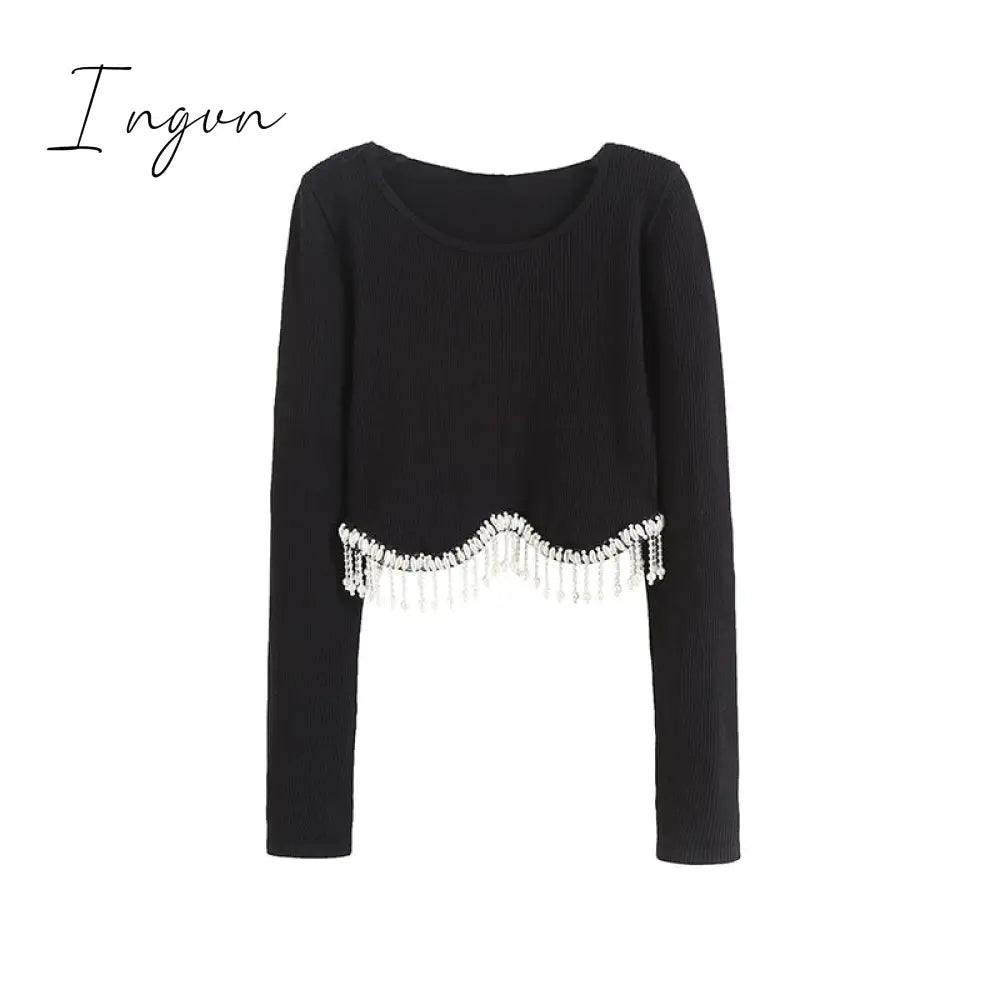 Ingvn - Loose Rhinestone Women Crop Top 2023 Spring Long Sleeve O-neck Tassel Hem Female T-shirt Casual Chic Streetwear Lady Tshirt
