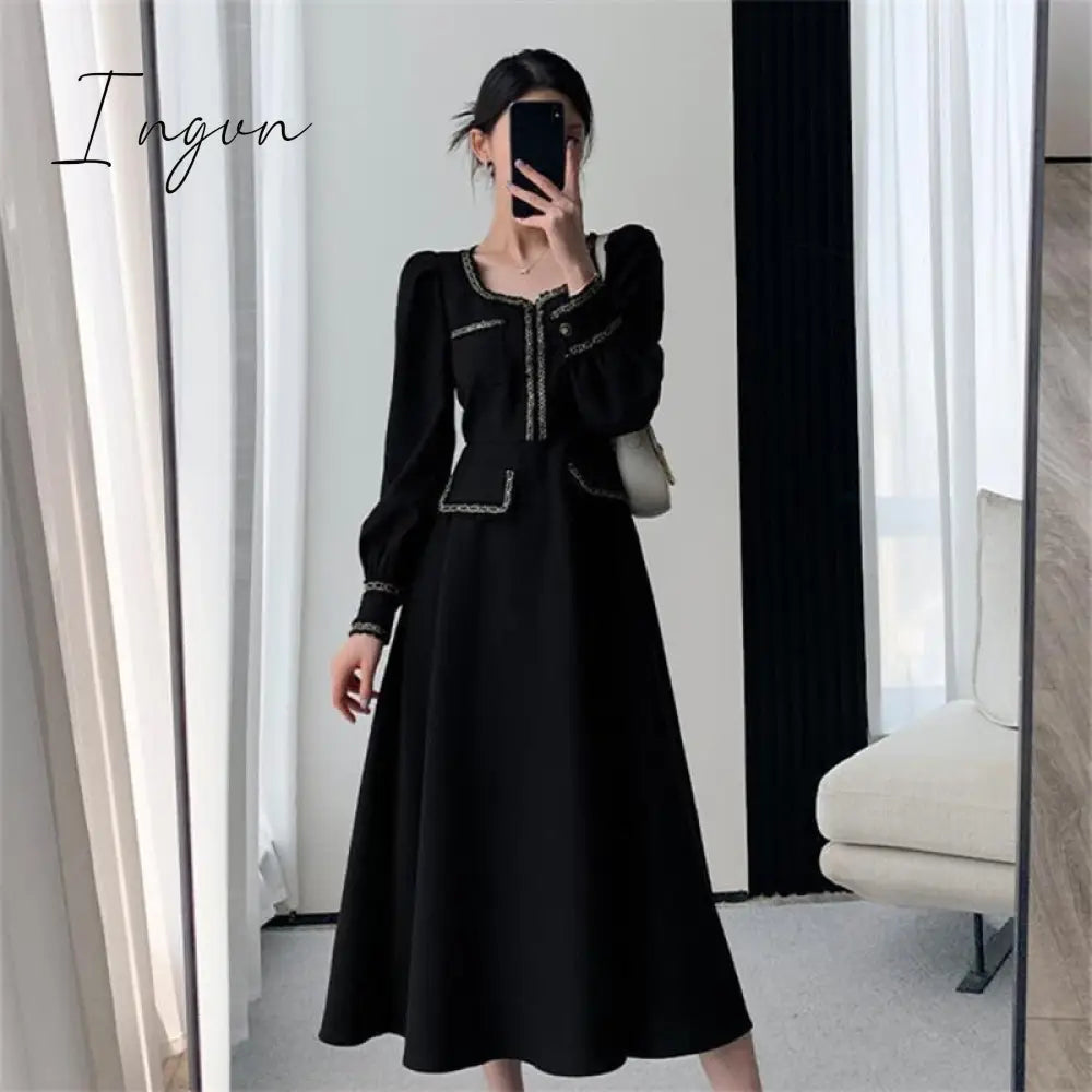 Ingvn - Fashion Black Dress Women Autumn Long Sleeve Mididress Ladies Square Neck French Retro Skinny Slim Elegant Evening Dresses