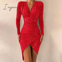 Ingvn - Women's Spring Sexy Package Hips Long-sleeve V-neck Printed Slit Dress Clothing Summer Black Bodycon Dresses For Women Party