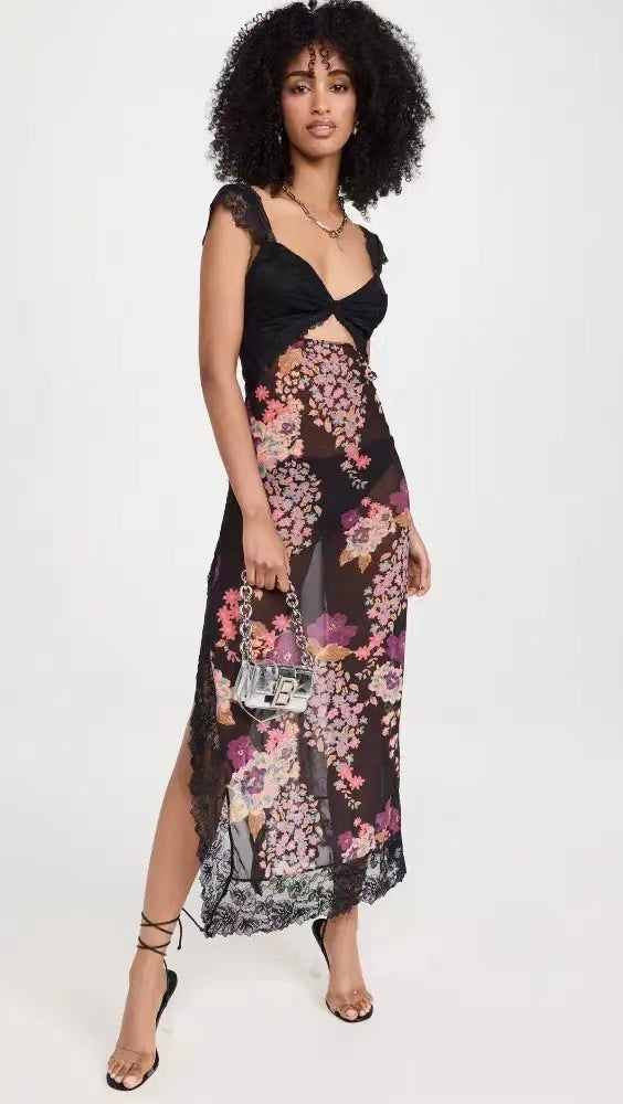 Summer New  Lace Backless Shoulder Strap Stitching Vented Color Long dress Women's Clothing