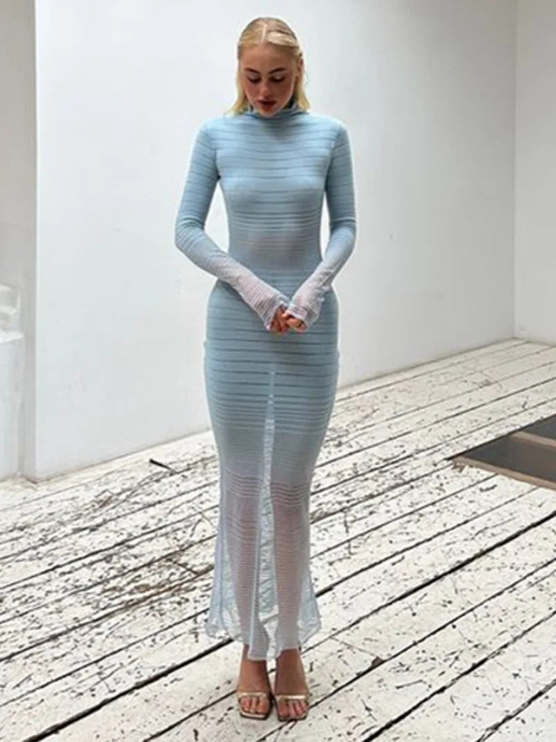 Ingvn  Autumn Winter Striped See-through Knitted Long Dress Streetwear Sexy Women's Half High Collar Bodycon Evening Party Dresses