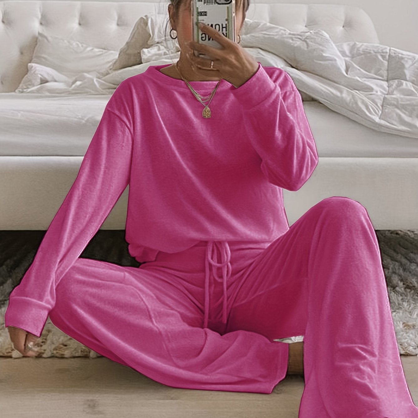 Cozy Women's Solid Lounge Set - Soft Long Sleeve Round Neck Top & Elastic Drawstring Pants for Ultimate Comfort - Perfect Relaxed Fit for Fall and Winter Seasons