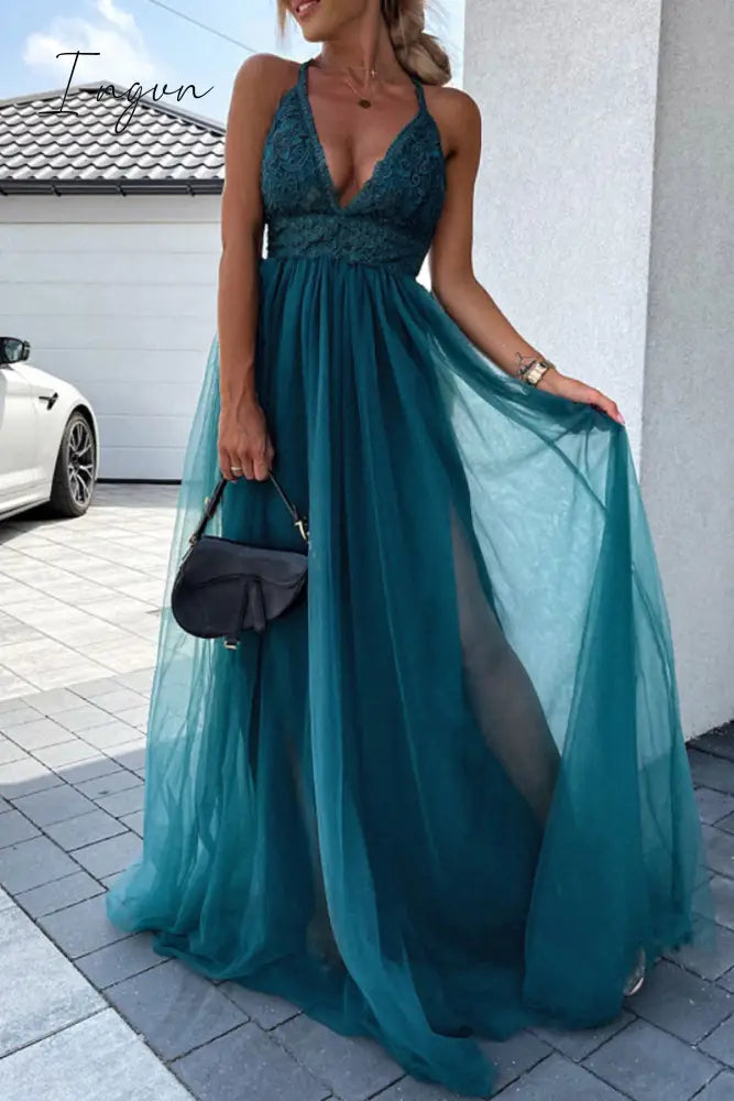 Ingvn- Sexy Solid Lace Mesh V Neck Evening Dress Dresses