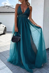 Ingvn- Sexy Solid Lace Mesh V Neck Evening Dress Dresses