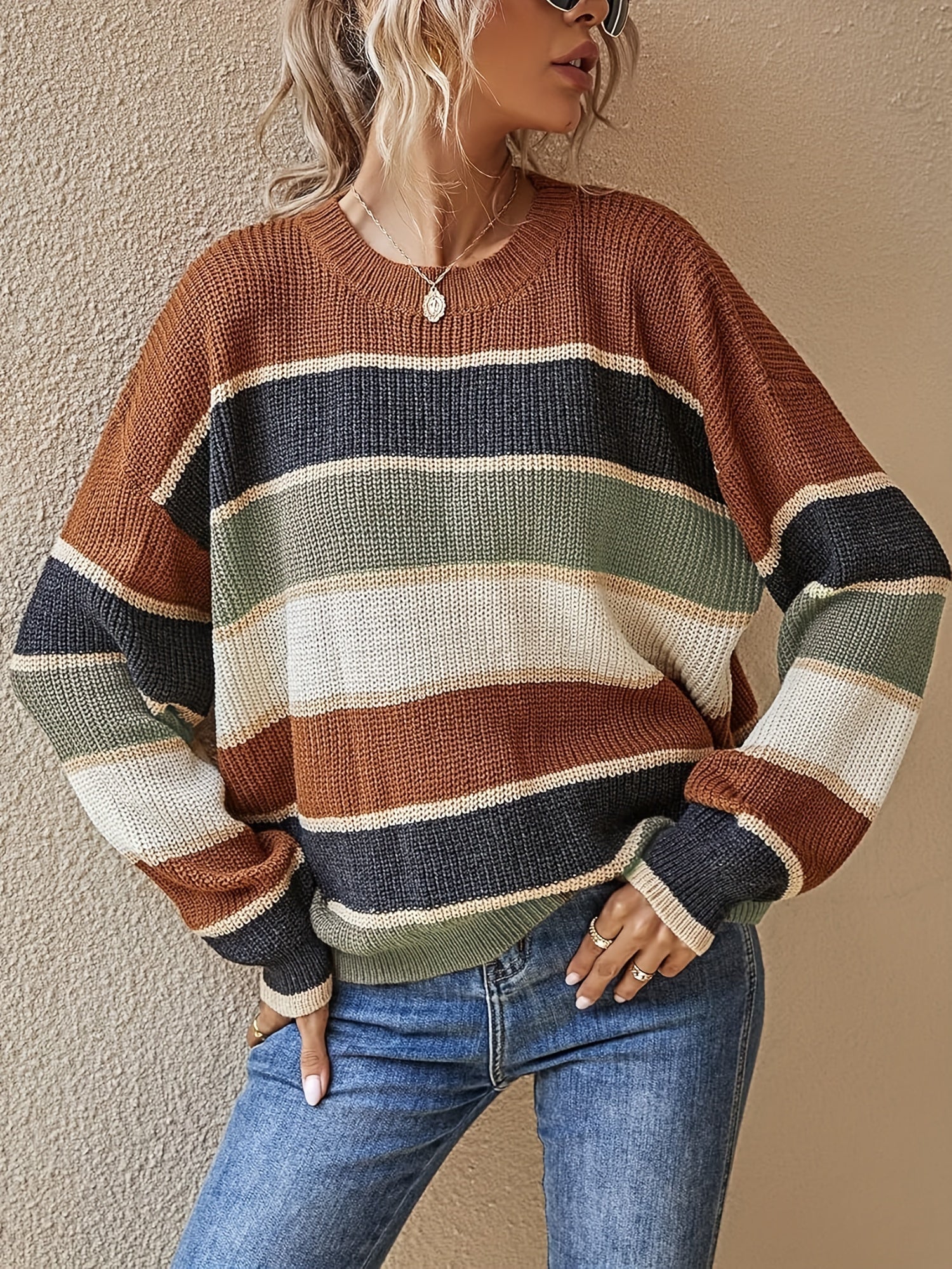 1pc Acrylic Elegant Women's Color Block Striped Pullover Sweater - Crew Neck, Long Sleeve, Regular Fit, Non-Stretch, Fall/Winter Fashion Top