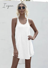 Ingvn - Solid Casual O-neck Sleeveless Tank Dress Women Loose Off Shoulder Asymmetrical Cotton Mini Dress
