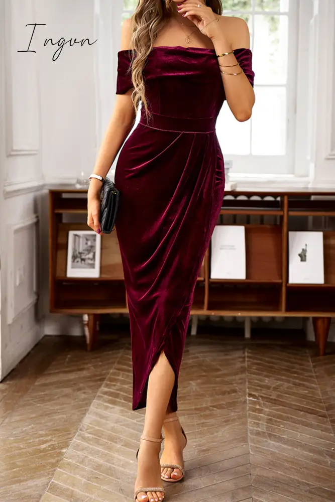 Ingvn - Elegant Solid Fold Off the Shoulder One Step Skirt Dresses