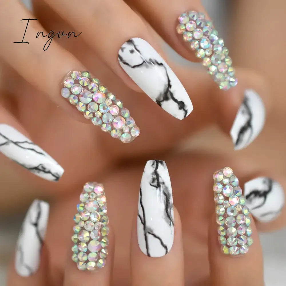 Extra Long Stiletto Press on False Nails Full Cover 3D Rhinestone Fake Nails Manicure Nail Art Tips Set for Wedding Party