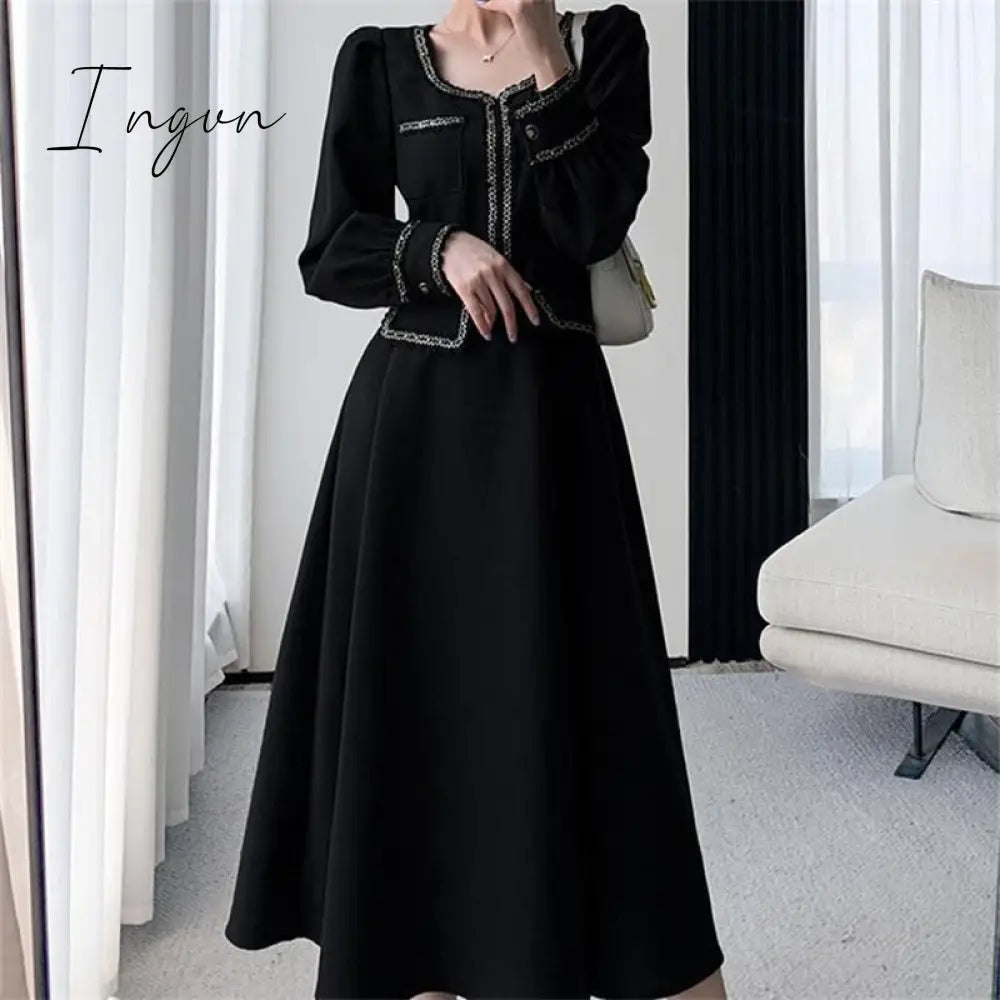 Ingvn - Fashion Black Dress Women Autumn Long Sleeve Mididress Ladies Square Neck French Retro Skinny Slim Elegant Evening Dresses