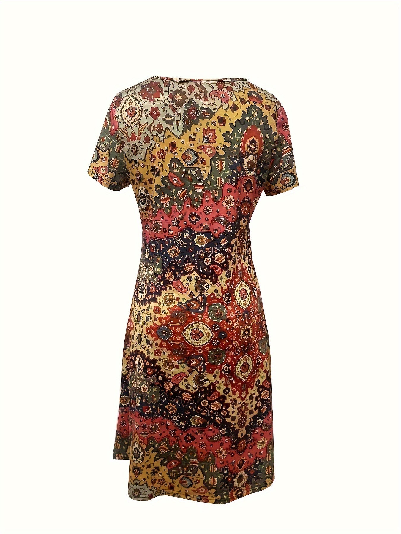 Boho Chic V-Neck Dress - Vibrant Floral Print - Comfy Short Sleeves - Perfect for Spring & Summer Fashion