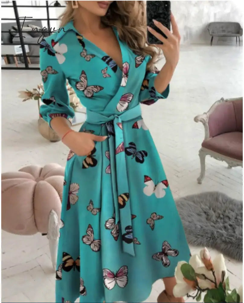 Ingvn - Spring and summer fashion plus size ruched dress long-sleeved V-neck print bag hip dress women's clothing dress for women