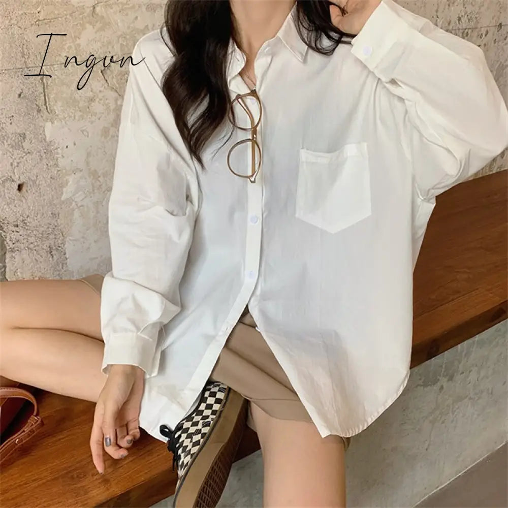 Ingvn - Prink Shirt for Women 2023 New Long Sleeve Turn Down Collar Oversized Blouses Office Ladies Korean Fashion Casual Top