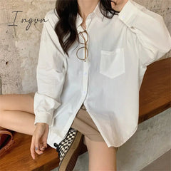 Ingvn - Prink Shirt for Women 2023 New Long Sleeve Turn Down Collar Oversized Blouses Office Ladies Korean Fashion Casual Top