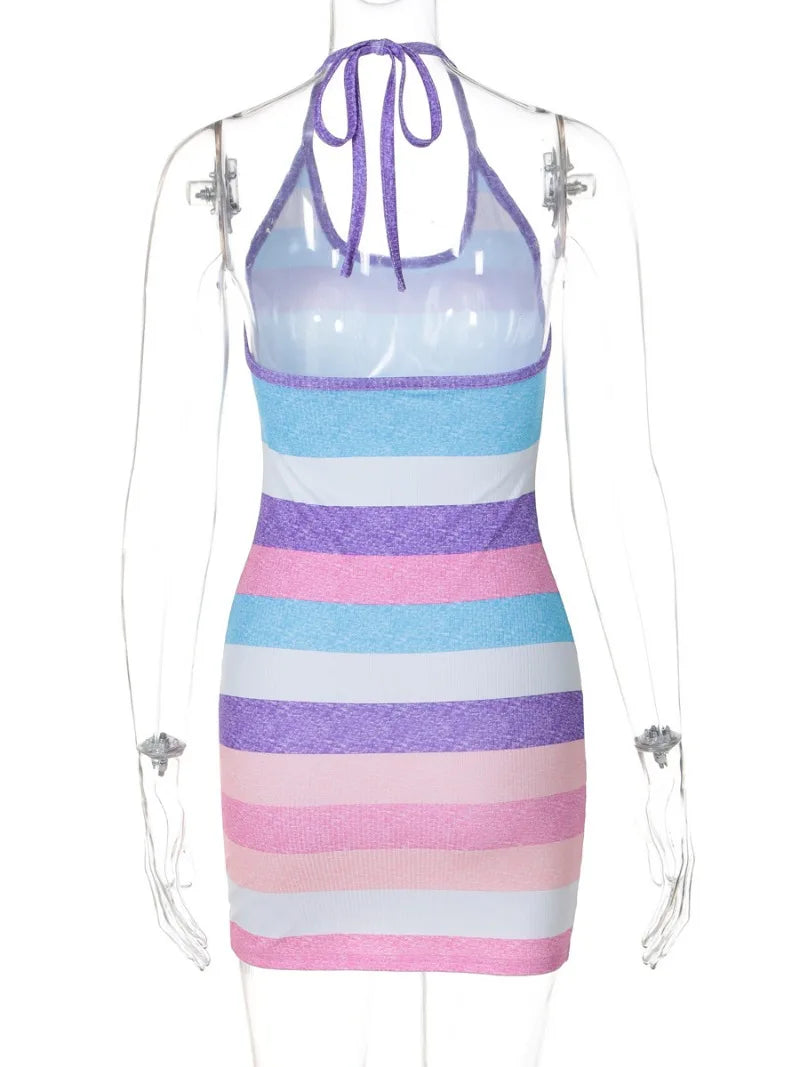 Ingvn  Fashion Sexy Halter Neck Lace-up Striped Beach Dress  Woman Clothes Off Shoulder Backless Bodycon Mini Party Club Dresses