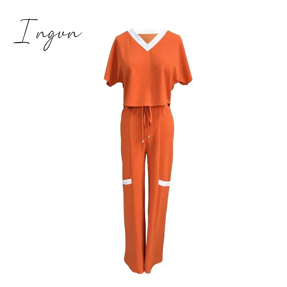 Ingvn - Summer Fashion Casual Two Piece Set Women V Neck Short-sleeved T-shirt Elastic Straight Pants Two Piece Suit Women