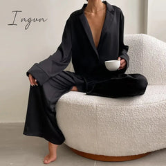 Ingvn - Oversized Satin Silk Sleepwear Low Cut Sexy Pajamas For Women Single-Breasted Long Sleeves Wide Leg Pants Trouser Suits