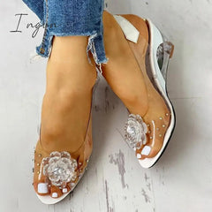 Ingvn - Studded Flower Design Transparent Wedge Sandals