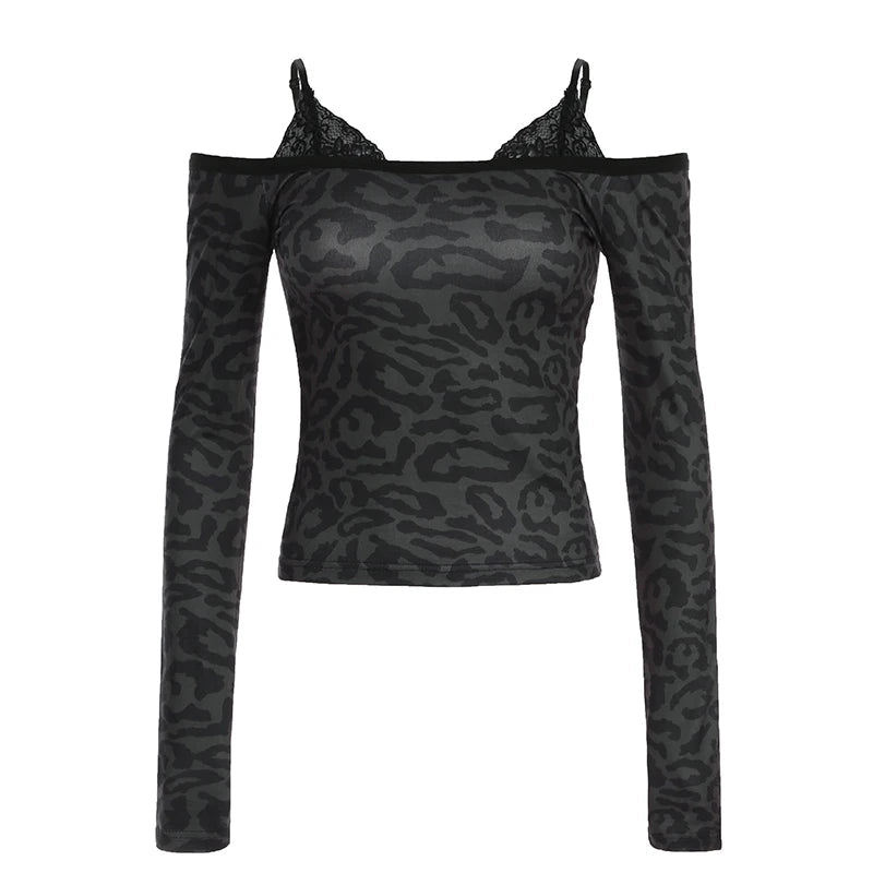 Leopard Print Black T Shirt Women Lace Patchwork Full Sleeve Tee y2k Chic Off-shoulder Cropped Top Vintage 2000s Clothing
