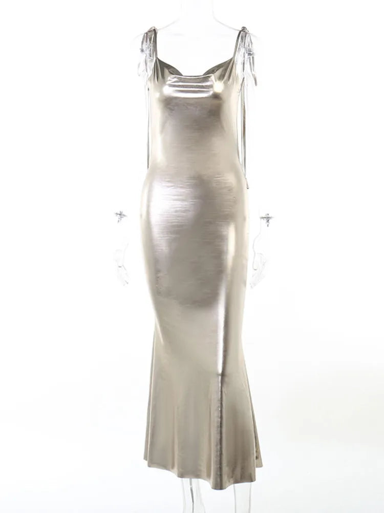Spaghetti Strap Backless Maxi Dress For Women Summer New Sleeveless Lace-up Ruched Bodycon Club Party Long Dress Girl