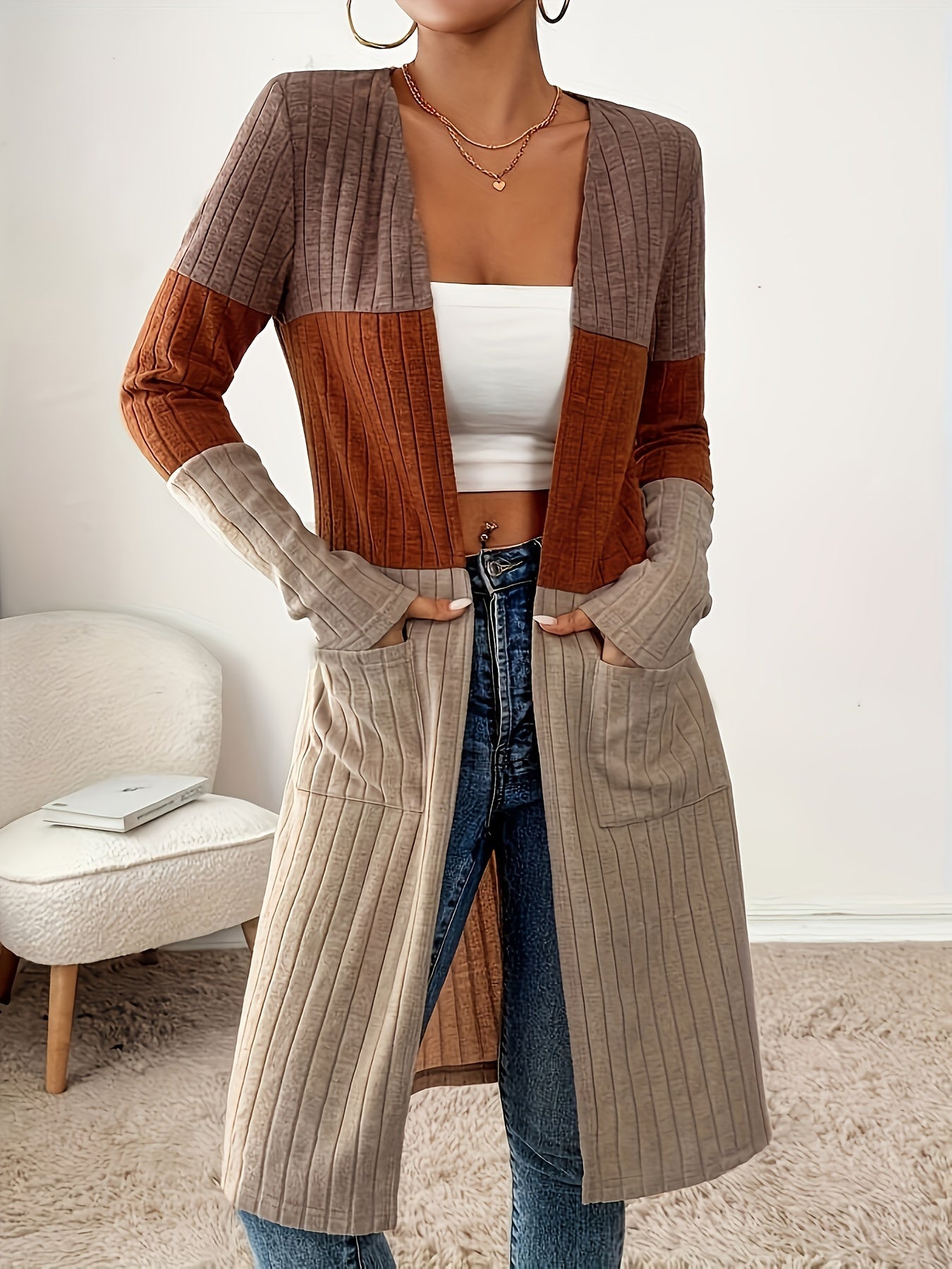 Elegant Women's Color Block Long Sleeve Jacket - Casual Chic, Open Collar with Pockets, Machine Washable - Perfect for Fall