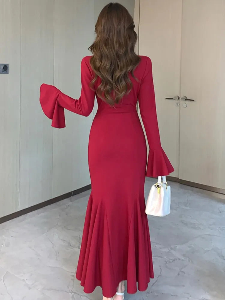 Korean Sexy Mermaid Dress for Women V-Neck Flare Long Sleeves Ruffles Party Dresses Autumn Female Slim Waist Vestidos Long Robe