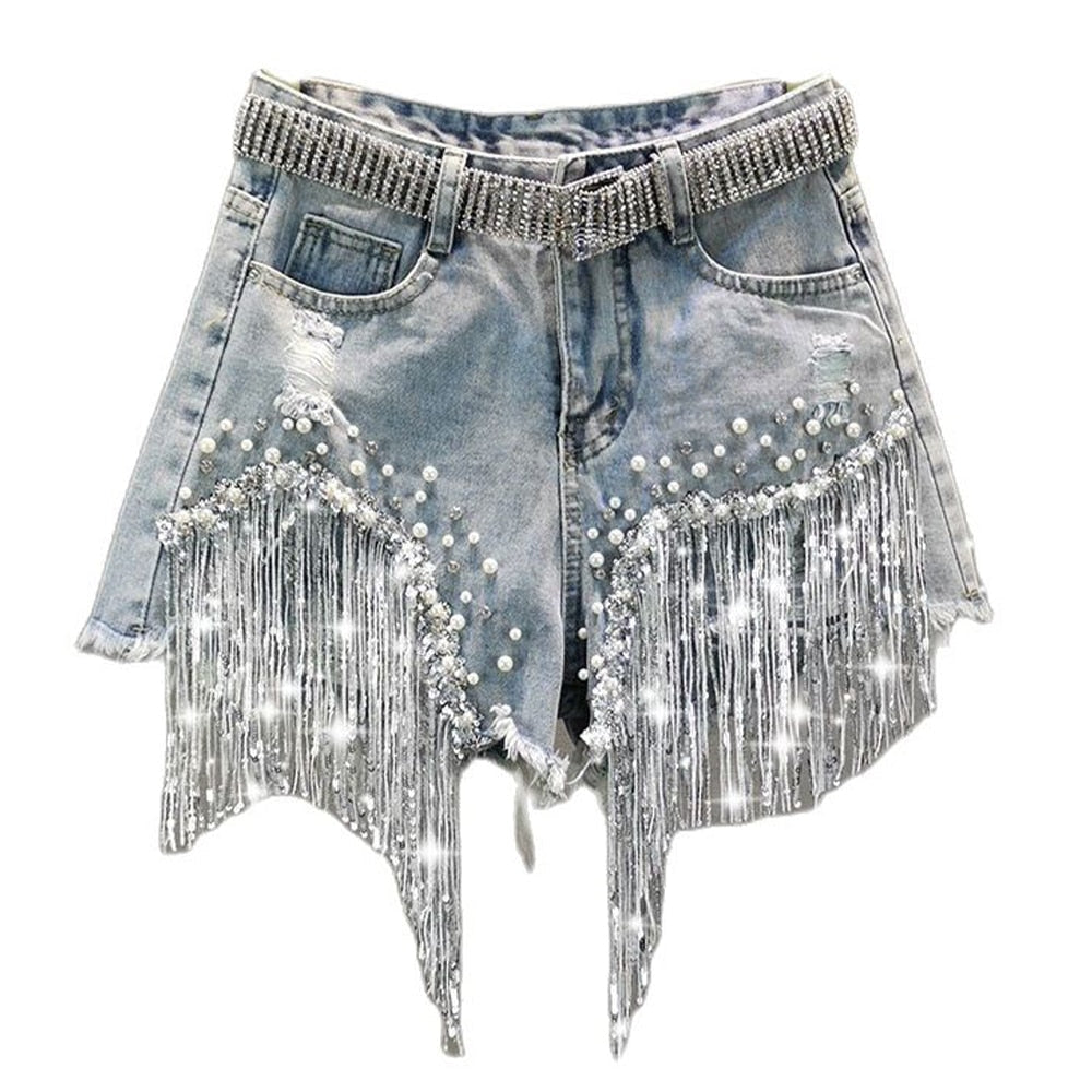 S-5XL Waist Beads Tassel Women'S Denim Shorts Summer Beading Wide Leg Thin Oversized Jeans Korean Streetwear Women Clothes