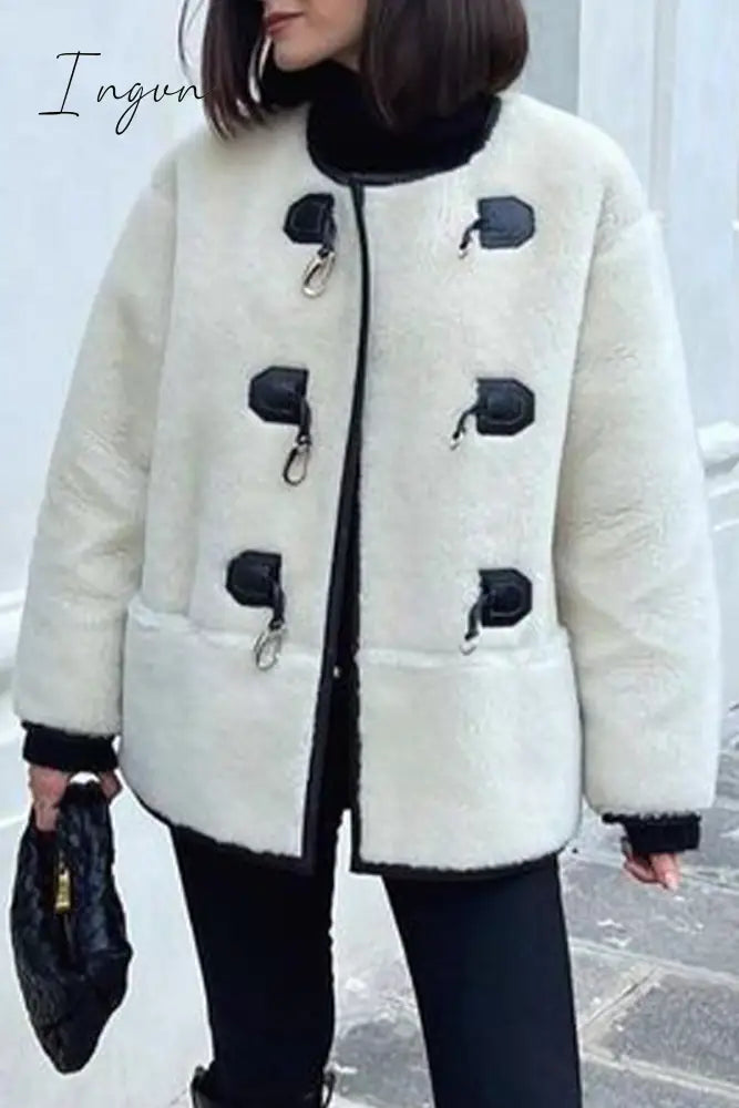 Ingvn - British Style Elegant Solid Buttons U Neck Outerwear