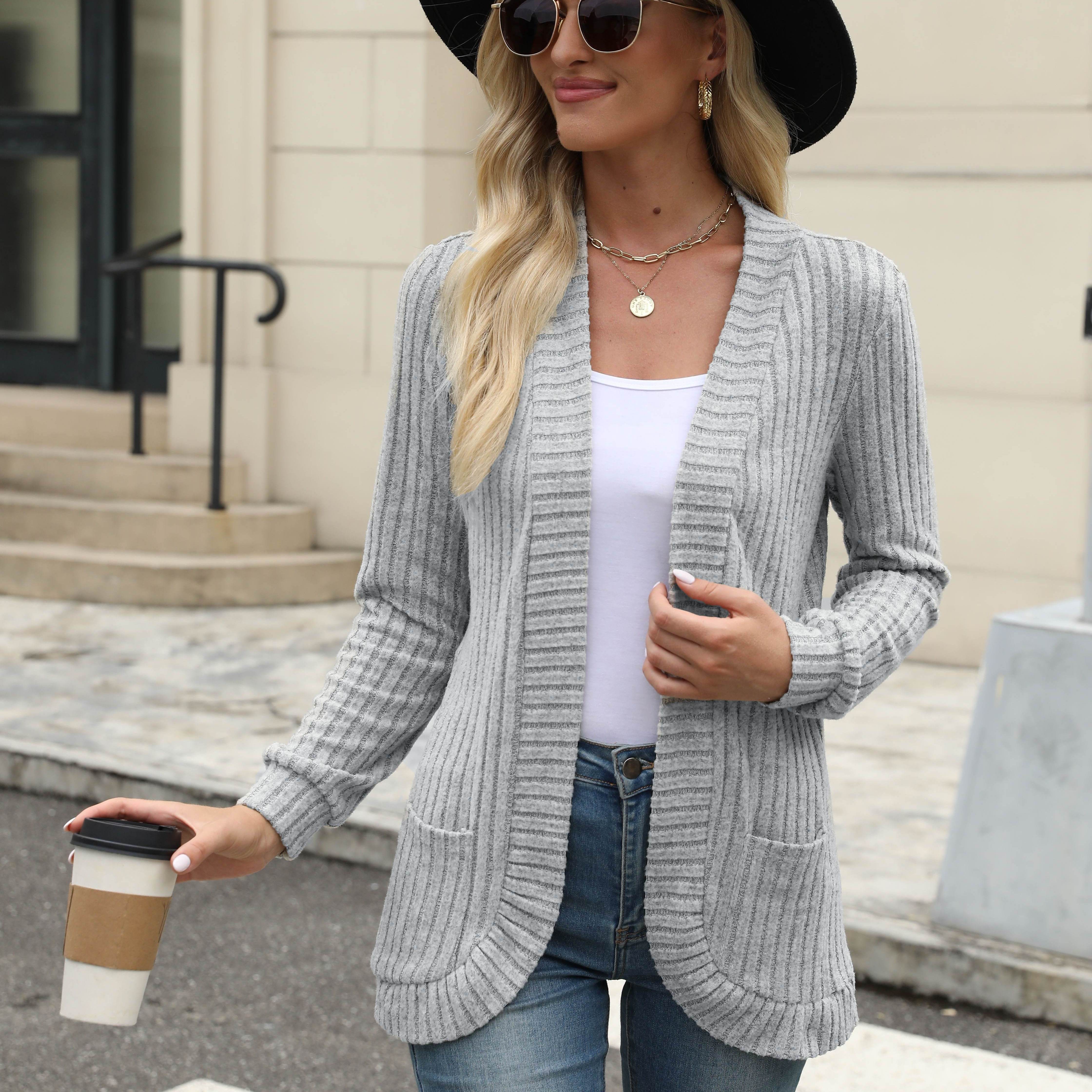 Solid Color Open Front Cardigan, Versatile Long Sleeve Pockets Cardigan For Spring & Fall, Women's Clothing