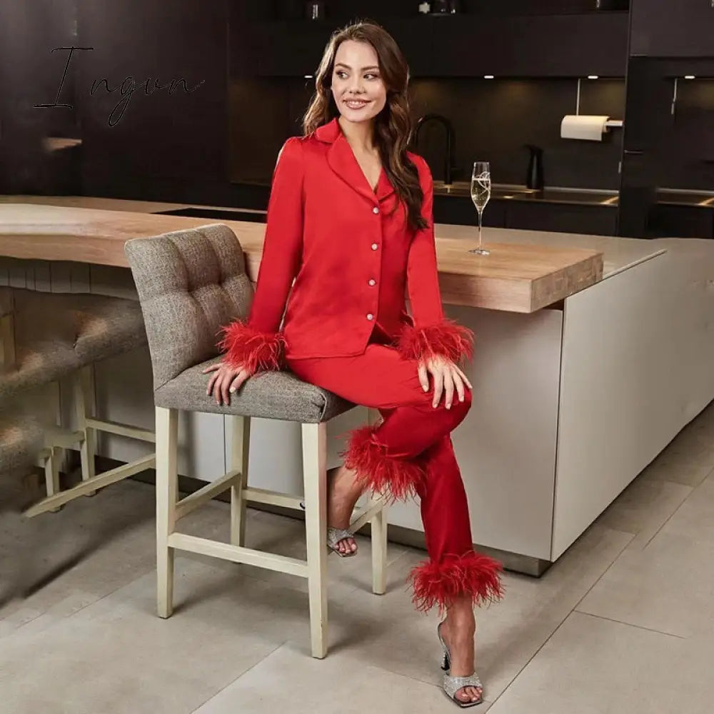 Ingvn - 2 Piece Sets Outfits Feather Long Sleeve Blouse Top Shirts And Pants Women Tracksuits Y2K Elegant Casual Party Sexy 2023
