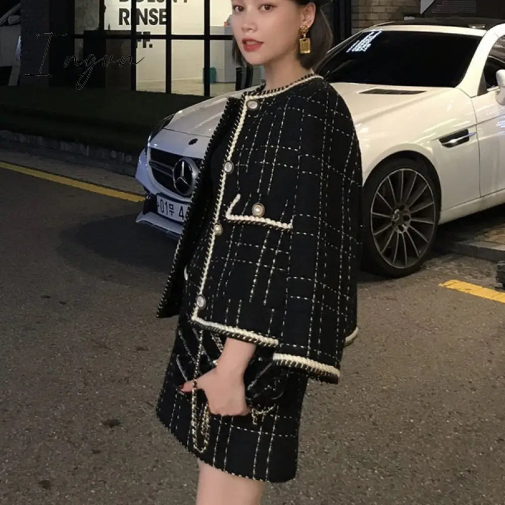 Ingvn - European Style Autumn Winter 2 Piece Set Women Short Woolen Tweed Jacket Coat & Bodycon Mini Skirt Set Women Two Piece Outfits