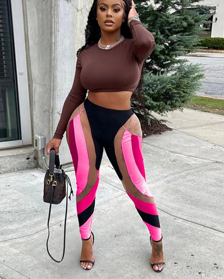 Mesh Patchwork Print Leggings Women Hipster Y2K Stitching Color Match Sheath Pants High Waist Body-Shaping High Streetwear