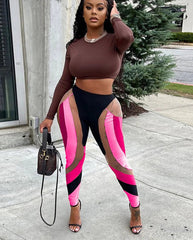 Mesh Patchwork Print Leggings Women Hipster Y2K Stitching Color Match Sheath Pants High Waist Body-Shaping High Streetwear