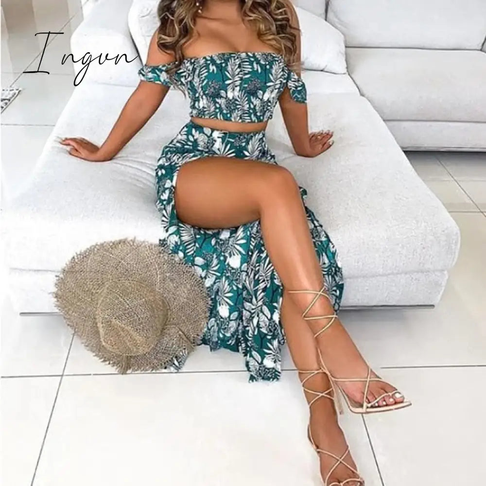 Ingvn - Polka Dot Print Maxi Skirt Suit Women Summer Print Cropped Top Sexy Side Split High Waist Skirt 2 Piece Sets Woman Beach Outfits