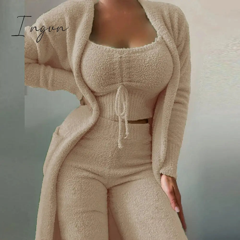 Ingvn - Women Elegant Fleece Soft 3 Piece Suit Fashion Square Collar Drawstring Tops+Long Cardigan Outfits Casual Pajamas Solid Set