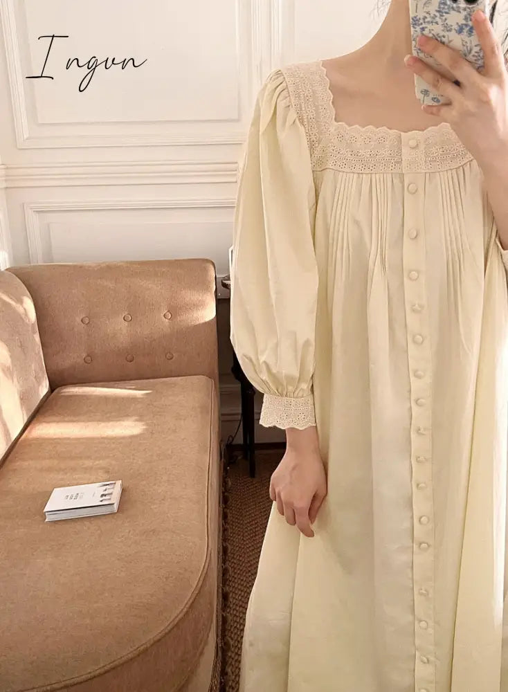 Ingvn - Women Sleepwear French Style Cotton Princess Dress Vintage Ladies Long Sleeves Nightgowns Square Neck Pleated Nightdress