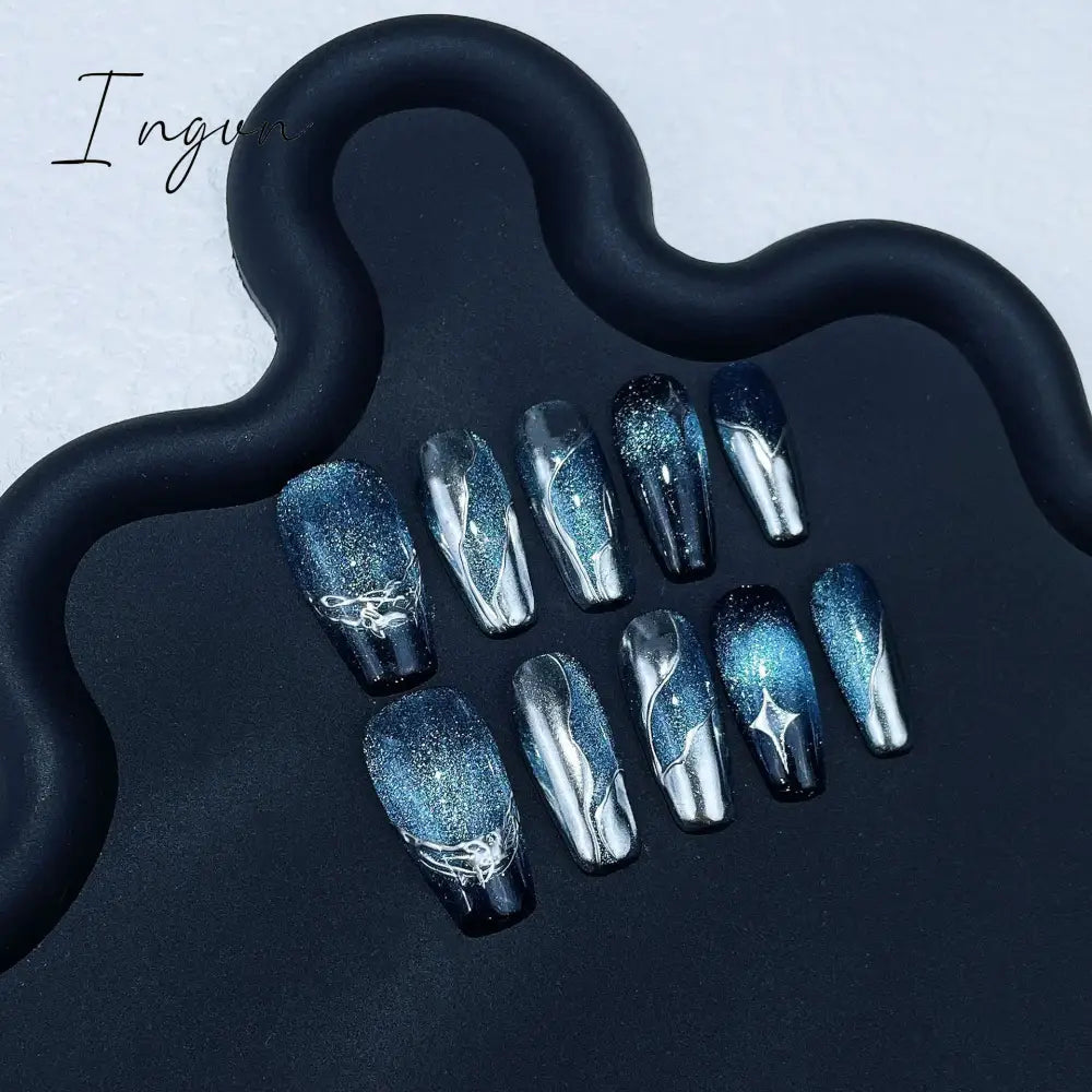 10Pcs Black Handmade Press On Nails Coffin Fake Nails Full Cover Gradient Metal Contrast Artificial Manicure Wearable Nail Tips