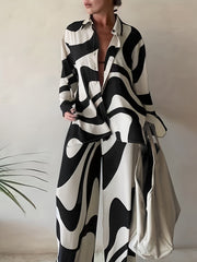 Plus Size Casual Outfits Two Piece Set, Women's Plus Abstract Stripe Print Button Up Long Sleeve Lapel Collar Shirt Top & High Rise Wide Leg Pant Outfits Two Piece Set