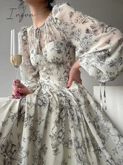Ingvn - French Elegant Floral Midi Dress Woman Evening Party 2023 Summer Beach Fairy Long Sleeve Sundress One Piece Dress Korean Fashion