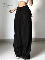 Ingvn - Shirring Casual Wide Leg Pants Women High Waist Street Basic Loose Sweat Trousers Korean Retro Gray Office Lady Pants