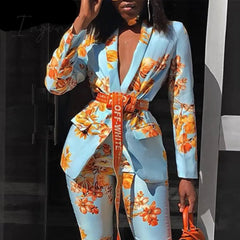 Ingvn - Women Chic Elegant All over Print Long Sleeve Sashes Ankle-Length Pants Spring Working Blazer Sets