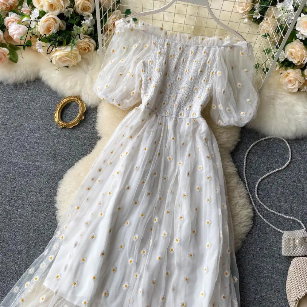 Ingvn - Embroidered Off-Shoulder Dresses Fairy Chic Gentle Dress Female New Style Sweet Daisy Printed Mesh Long Floral Dress Female