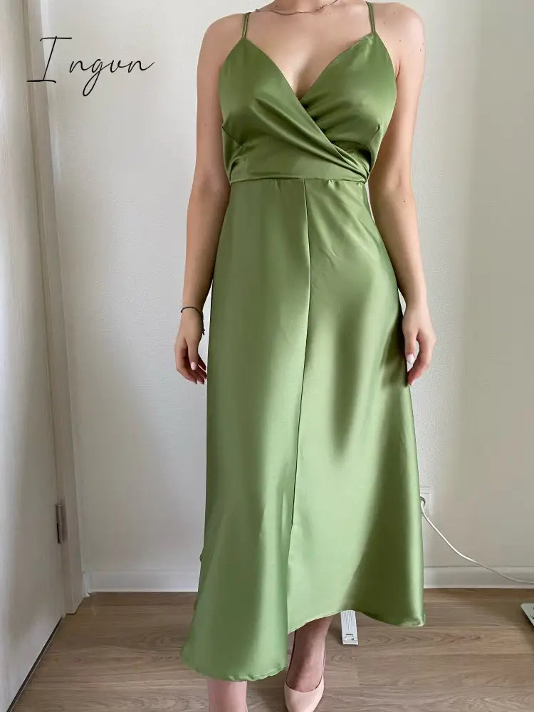 Ingvn - Boho Slim V Neck Summer bandage backless Maxi Long Dress Women Casual spaghetti strap Party Beach Holiday elegant tunic dress