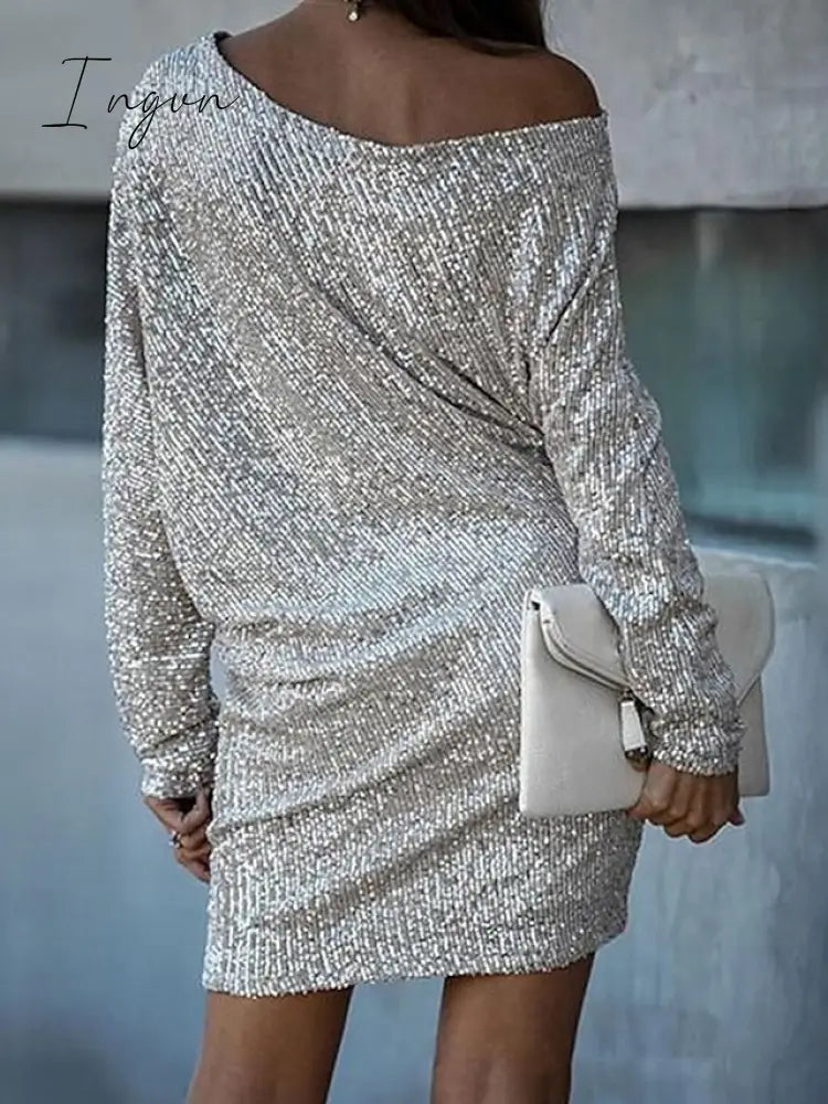 Ingvn - Women‘s Party Dress Sequin Dress Holiday Dress Shift Dress Short Mini Dress White Black Gold Long Sleeve Pure Color Sequins Fall Spring One Shoulder Stylish Hot Party Loose 2023 S M L XL